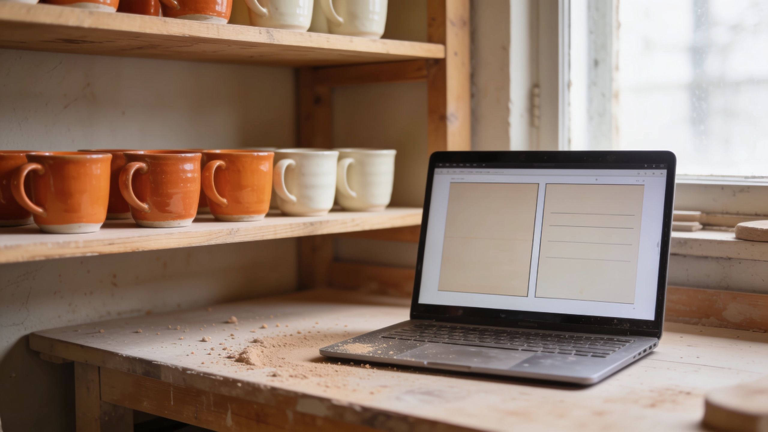 Handmade ceramic cups on a shelf beside a laptop showing a short checkout form.