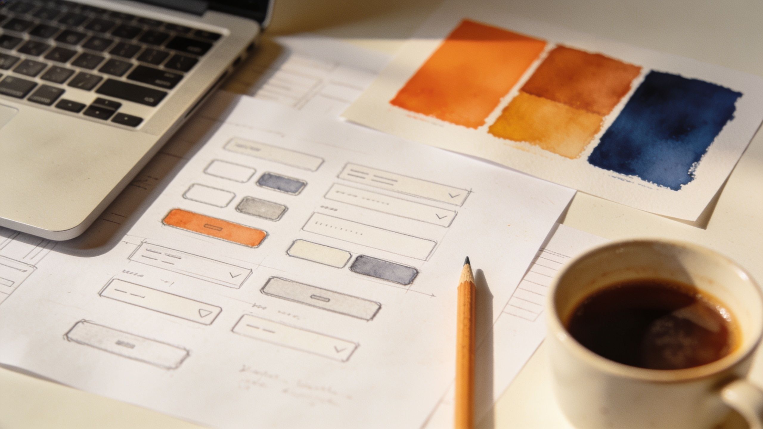 A design workbench with printed component sketches, colour swatches and a laptop.