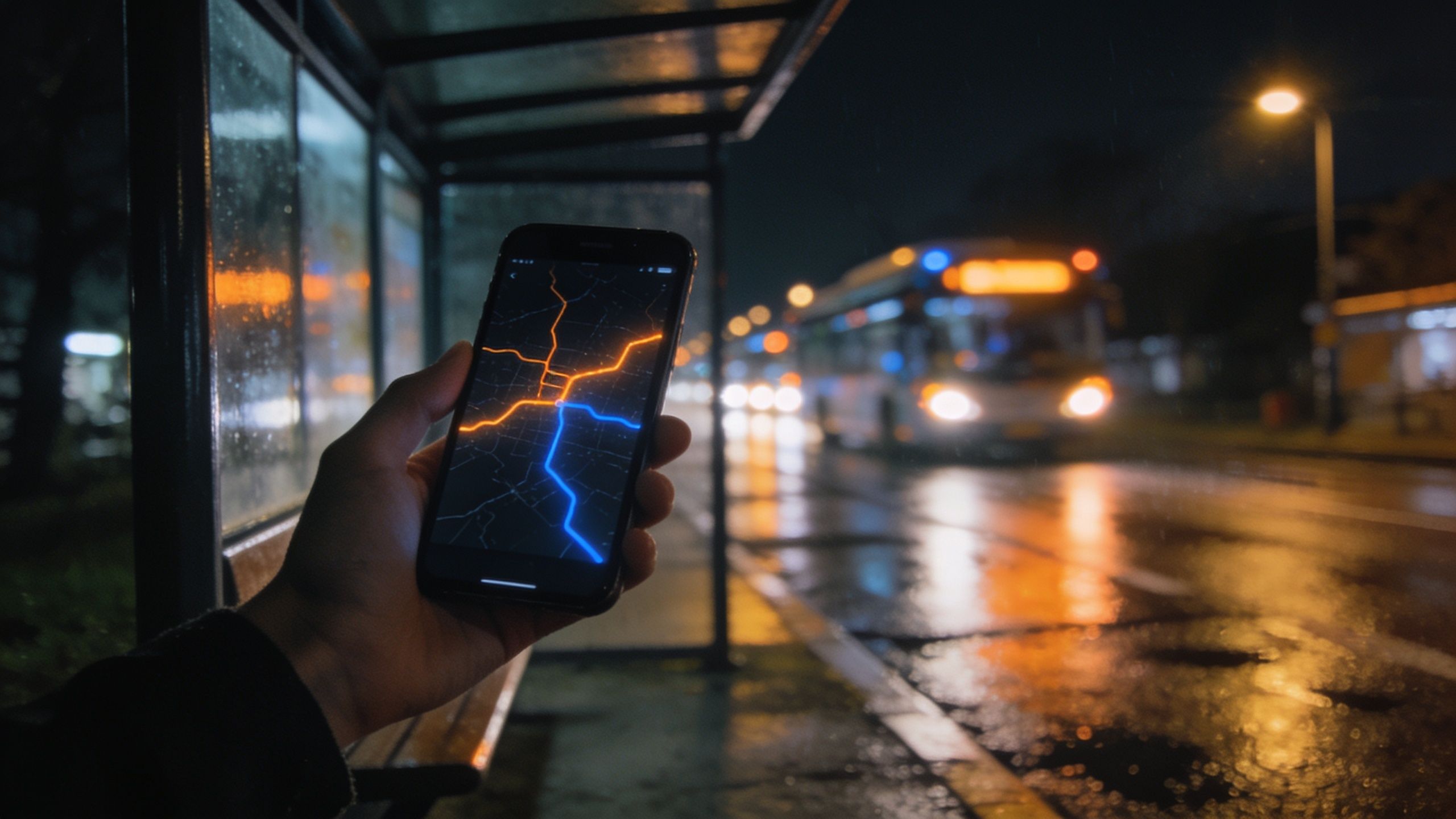 A phone at a bus stop at night showing a dark map with glowing bus routes.