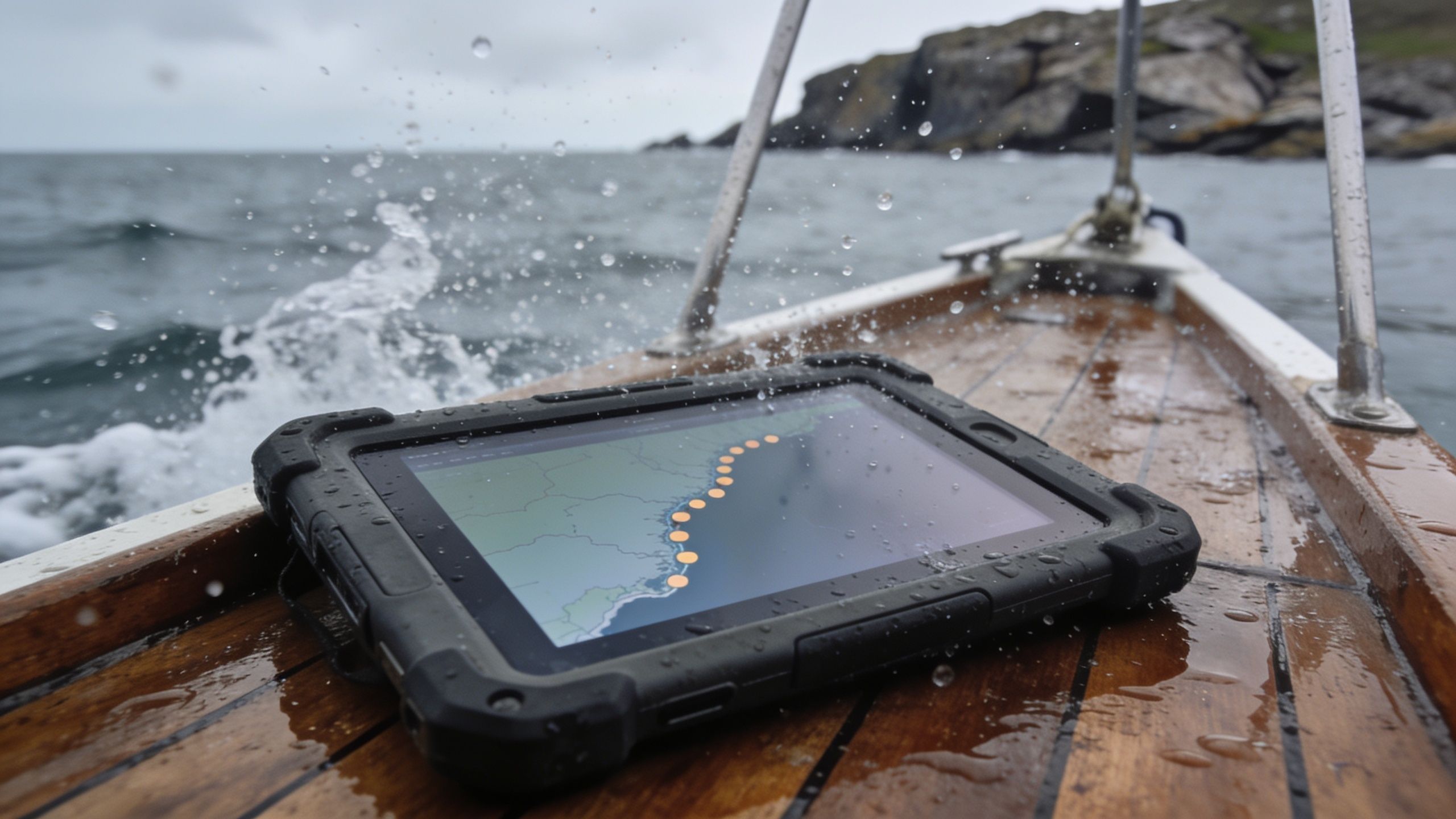 A tablet on a wet boat deck showing a map of survey points along a rocky coast.