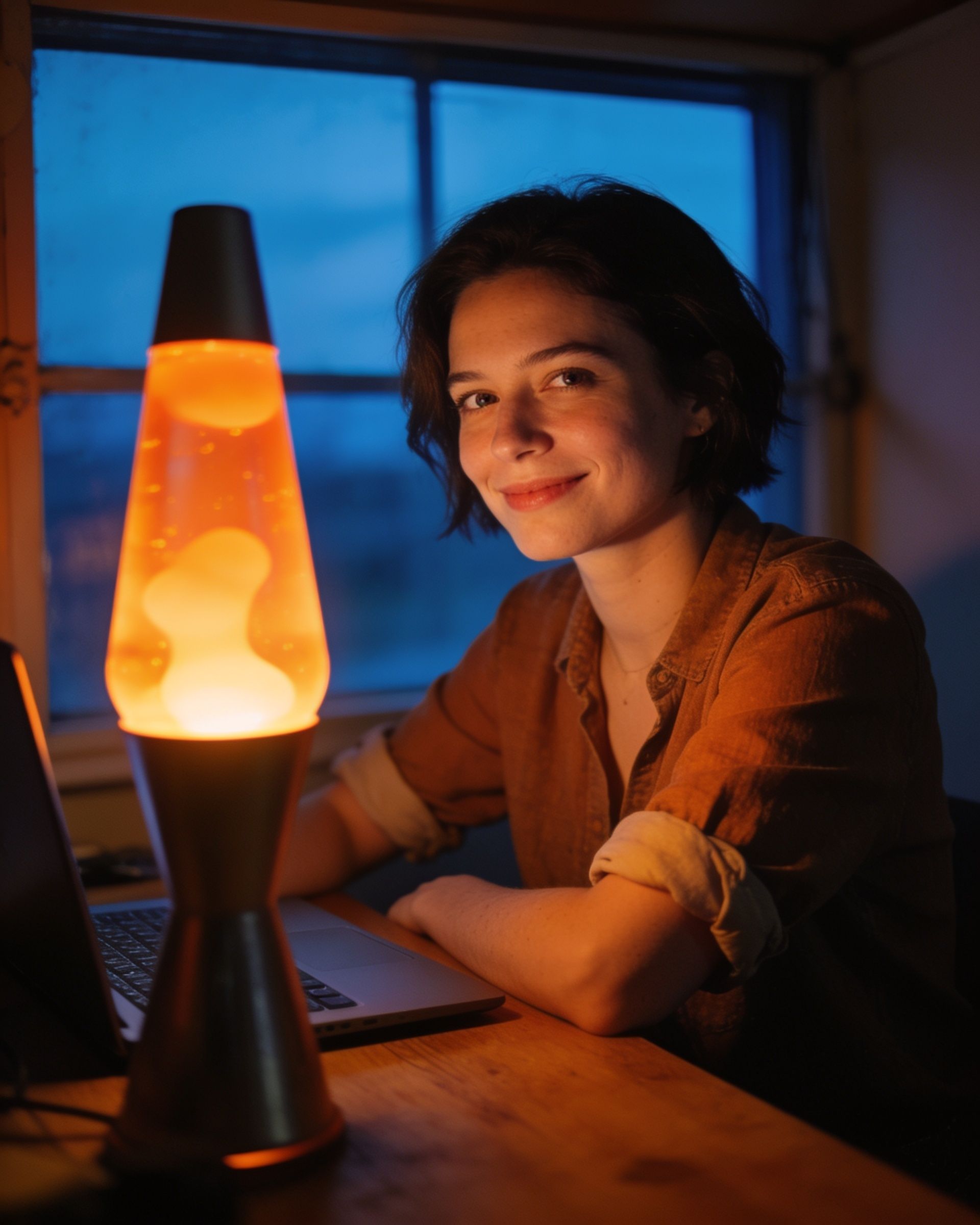 Ada at her desk at dusk, smiling, lit by an orange lava lamp, with a blue window behind her.